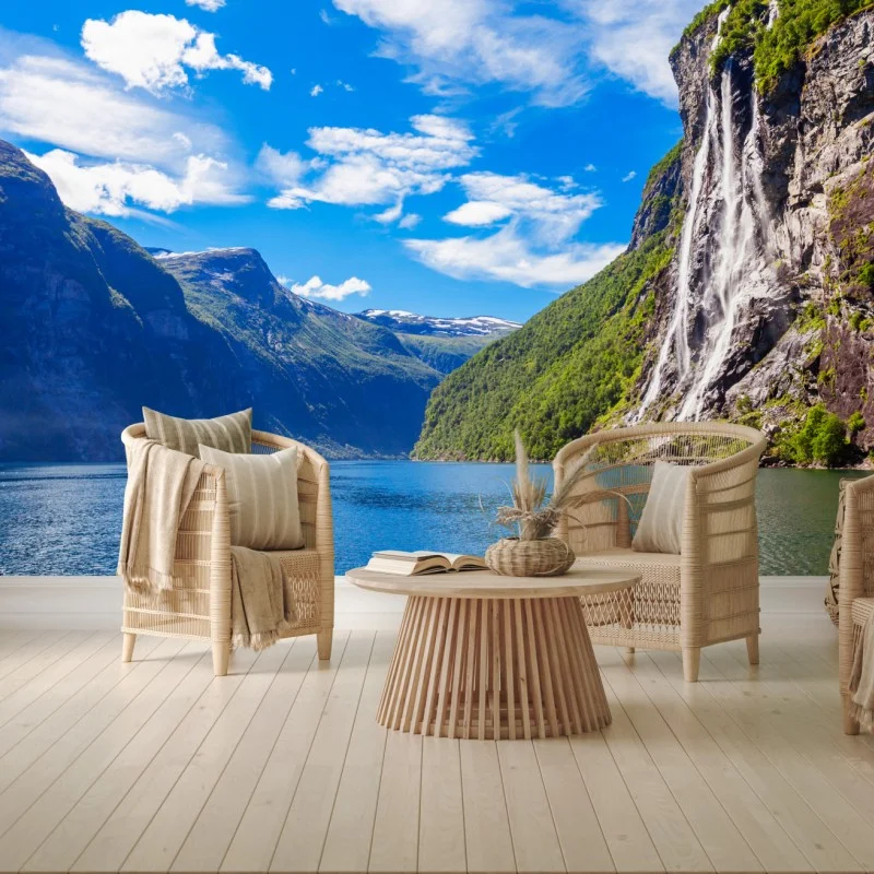 Fotomural impresión panorámica de la cascada Las Siete Hermanas en Geiranger