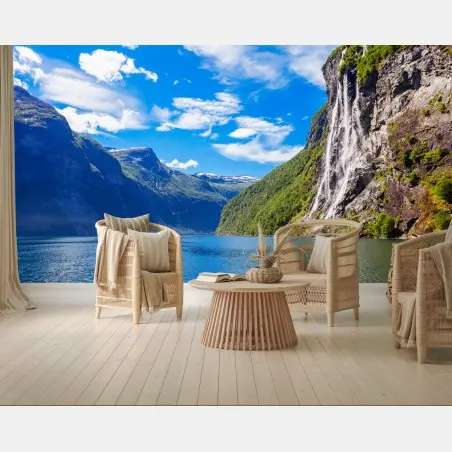 Fotomural impresión panorámica de la cascada Las Siete Hermanas en Geiranger – Pixers®