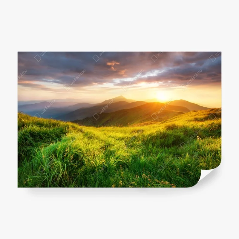 Fotomural amanecer dorado en el valle montañoso