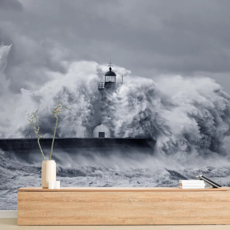 Fotomural faro en la boca del Duero rodeado de olas