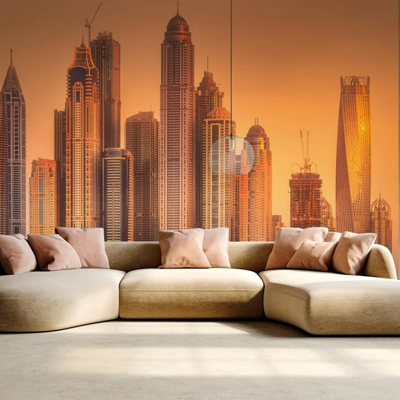 Fotomural panorama de rascacielos de Dubai al atardecer