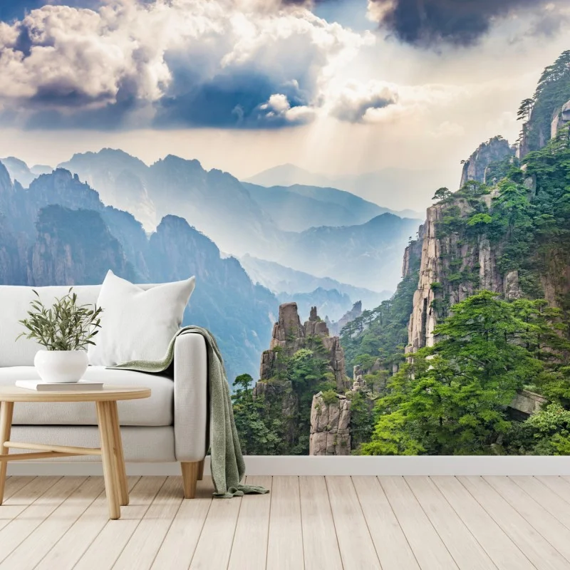 Fotomural paisaje de montañas brumosas al amanecer
