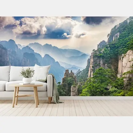 Fotomural paisaje de montañas brumosas al amanecer – Pixers®