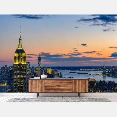 Fotomural puesta de sol en Nueva York con Empire State Building iluminado – Pixers®