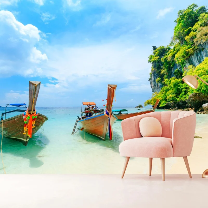 Fotomural barcas tradicionales en la playa de Phuket