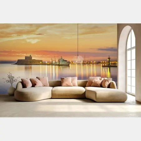 Fotomural amanecer dorado en la fortaleza Agios Nikolaos de Mandraki, Rodas – Pixers®