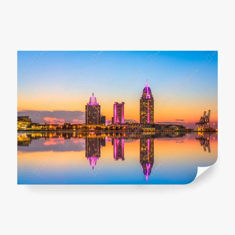 Fotomural amanecer en Mobile: horizonte urbano reflejado