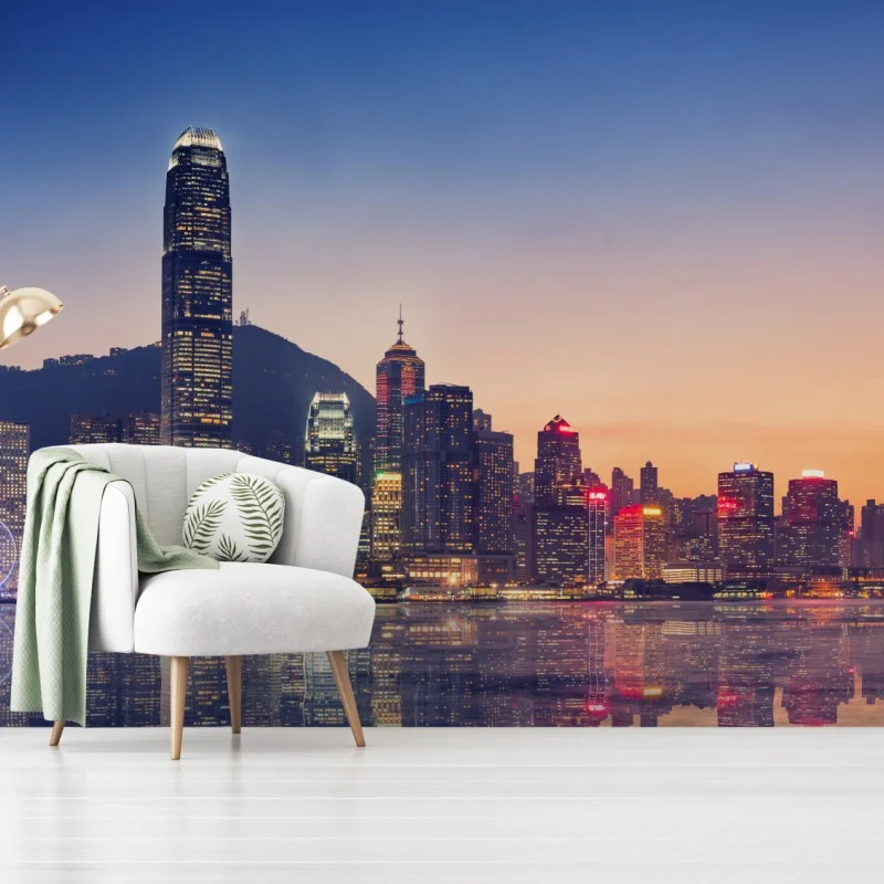 Fotomural atardecer en Hong Kong: horizonte iluminado