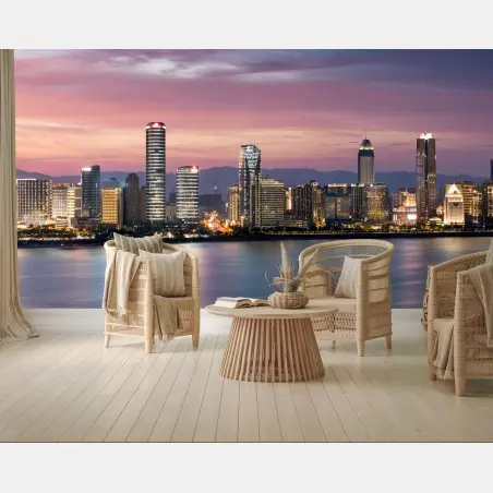 Fotomural horizonte urbano al atardecer con reflejos – Pixers®