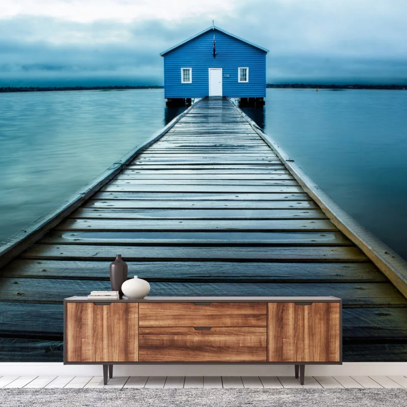 Fotomural caseta azul al final del muelle