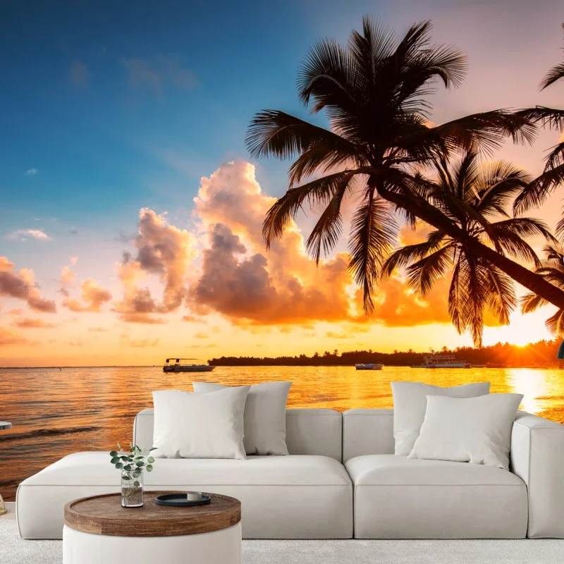 Fotomural puesta de sol con palmeras en la playa de República Dominicana