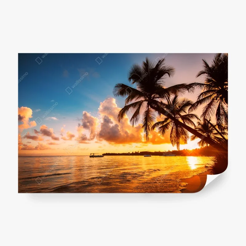 Fotomural puesta de sol con palmeras en la playa de República Dominicana