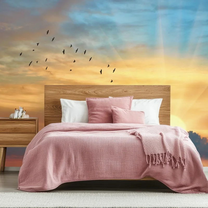 Fotomural amanecer dorado con aves en vuelo