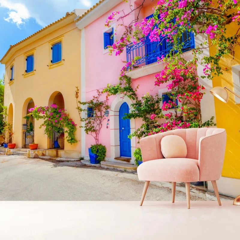 Fotomural calle mediterránea de colores en Kefalonia