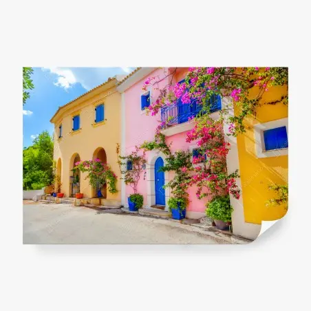 Fotomural calle mediterránea de colores en Kefalonia – Pixers®
