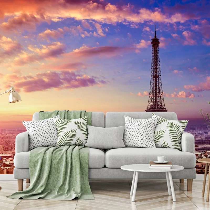 Fotomural puesta de sol sobre París: torre Eiffel y skyline romántico