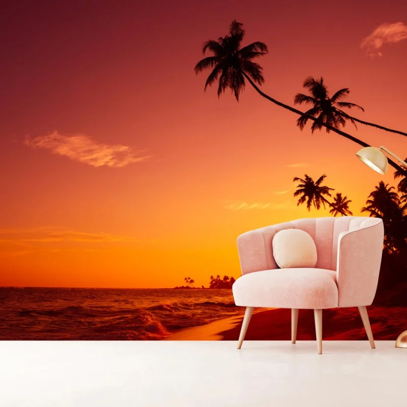 Fotomural atardecer tropical con palmeras en la costa