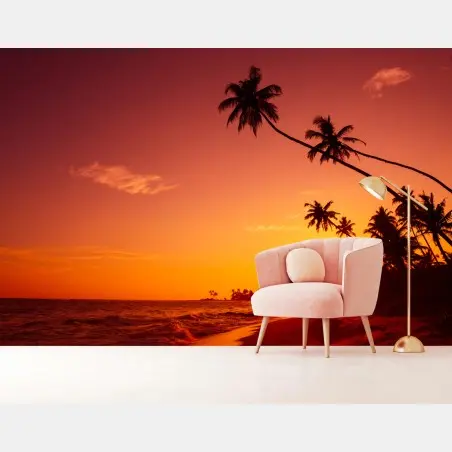 Fotomural atardecer tropical con palmeras en la costa – Pixers®
