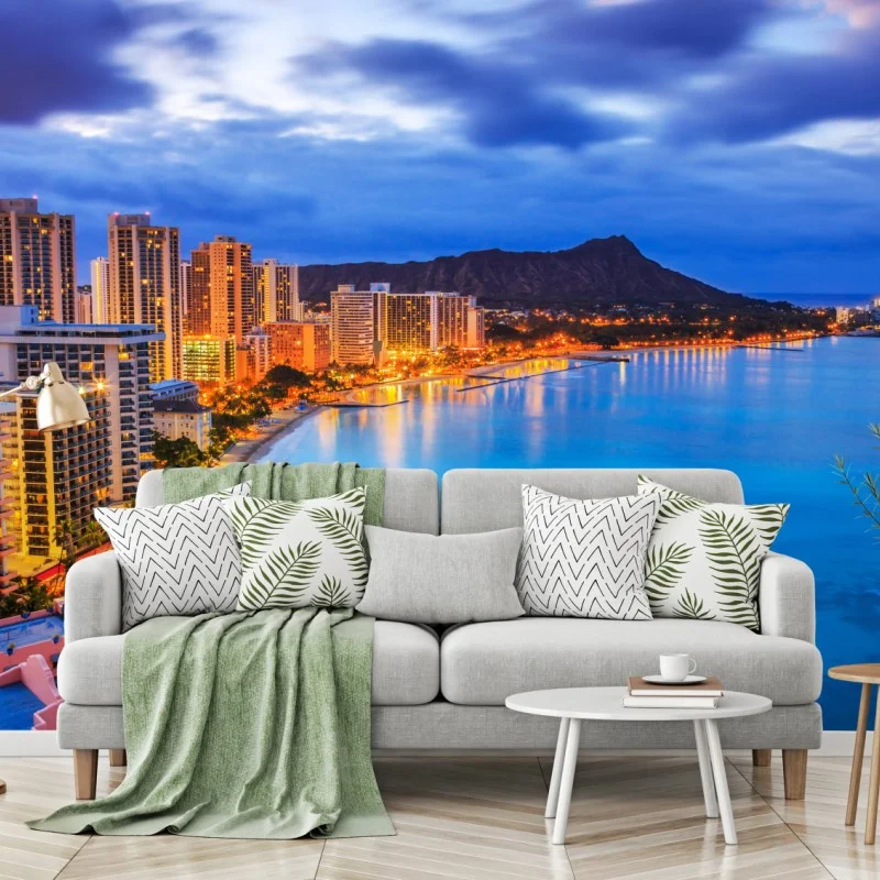 Fotomural amanecer en Waikiki con Diamond Head, Honolulu