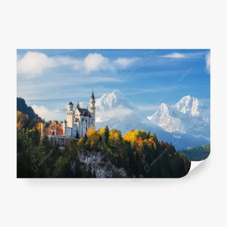 Fotomural castillo de cuento entre montañas nevadas – Pixers®