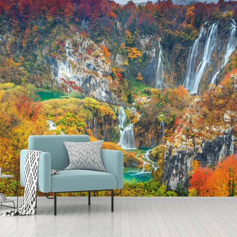 Fotomural paisaje de cascadas otoñales en tonos vibrantes