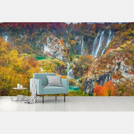 Fotomural paisaje de cascadas otoñales en tonos vibrantes – Pixers®