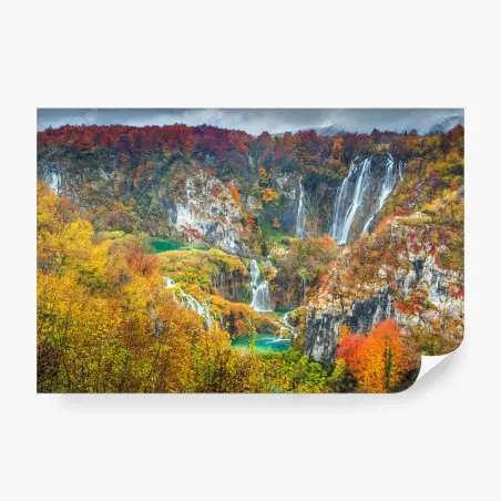 Fotomural paisaje de cascadas otoñales en tonos vibrantes – Pixers®