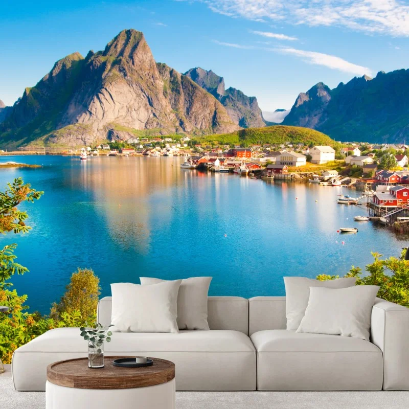 Fotomural vistas de fiordo y pueblo costero en Noruega