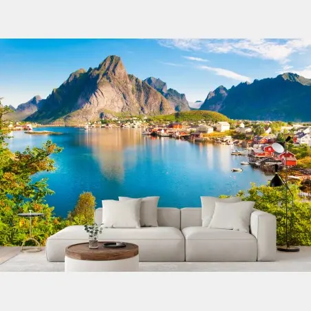 Fotomural vistas de fiordo y pueblo costero en Noruega – Pixers®