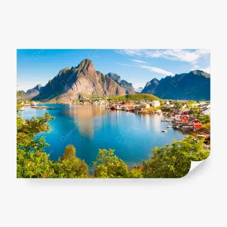 Fotomural vistas de fiordo y pueblo costero en Noruega – Pixers®