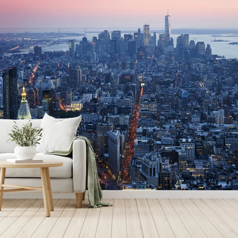 Fotomural puesta de sol sobre Manhattan, panorama aéreo urbano
