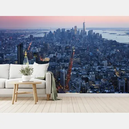 Fotomural puesta de sol sobre Manhattan, panorama aéreo urbano – Pixers®