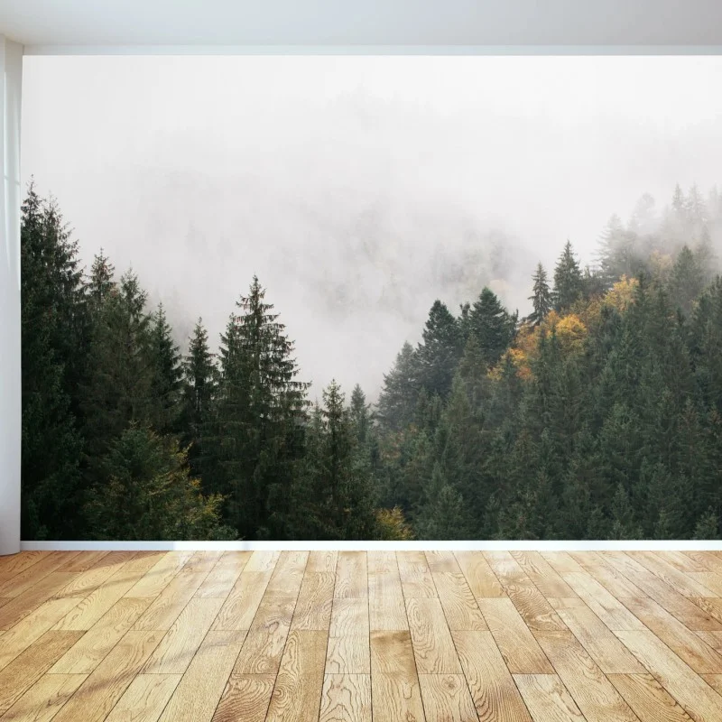 Fotomural montañas y abetos envueltos en niebla