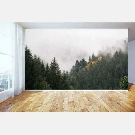 Fotomural montañas y abetos envueltos en niebla – Pixers®