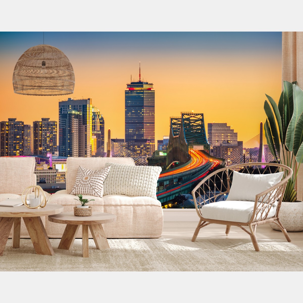 Fotomural puesta de sol sobre el puente Tobin y el skyline de Boston – Pixers®