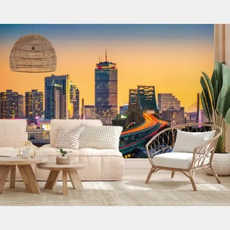 Fotomural puesta de sol sobre el puente Tobin y el skyline de Boston – Pixers®