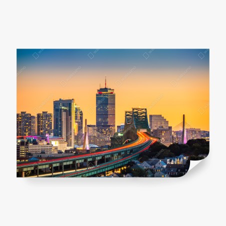 Fotomural puesta de sol sobre el puente Tobin y el skyline de Boston – Pixers®