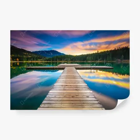 Fotomural muelle sobre lago montañoso al atardecer – Pixers®