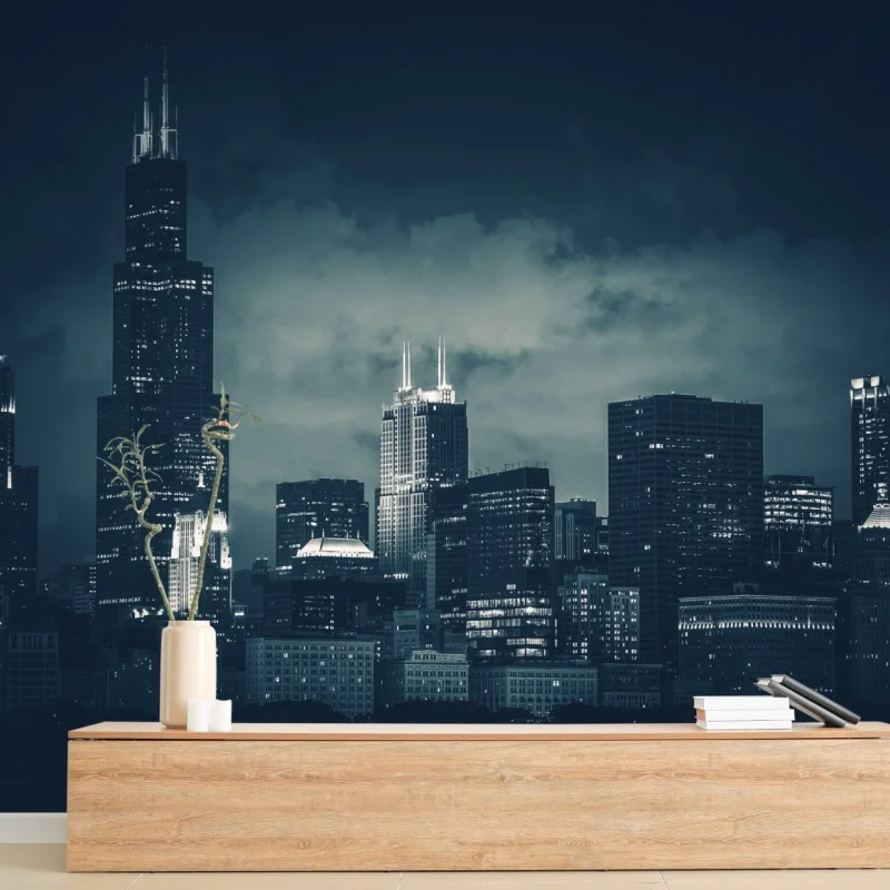 Fotomural panorámica nocturna de Chicago en azul oscuro