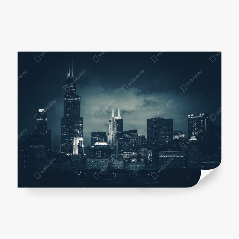Fotomural panorámica nocturna de Chicago en azul oscuro