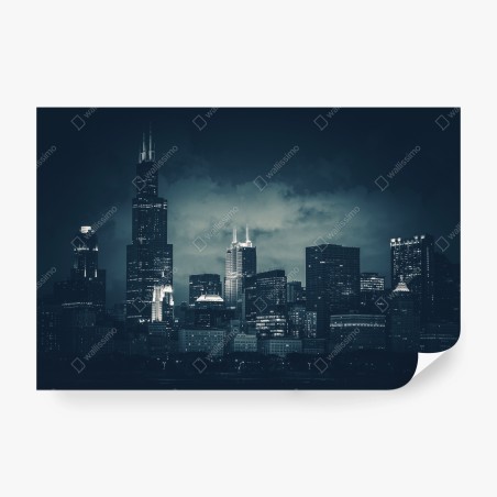 Fotomural panorámica nocturna de Chicago en azul oscuro – Pixers®