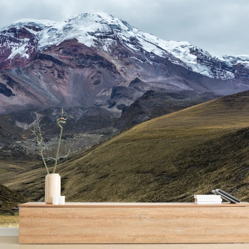 Fotomural paisaje montañoso nevado con valle dorado