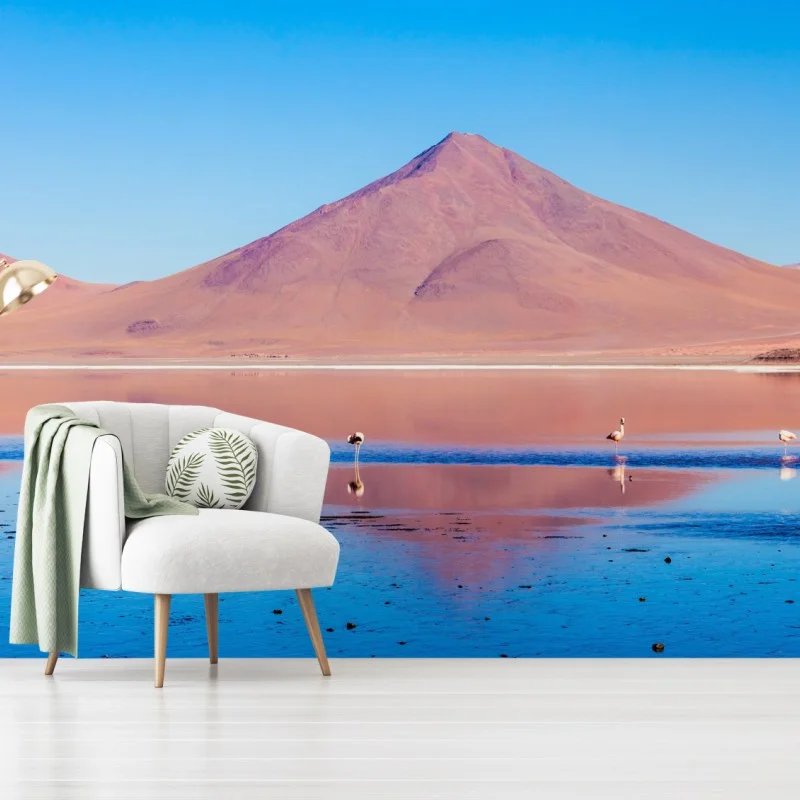 Fotomural panorámica de Laguna Colorada con flamencos