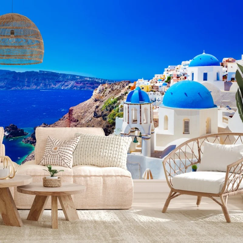 Fotomural vistas de Santorini al mar: cúpulas azules y casas blancas
