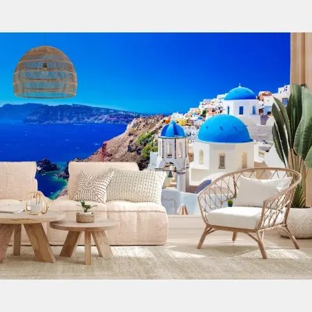 Fotomural vistas de Santorini al mar: cúpulas azules y casas blancas – Pixers®