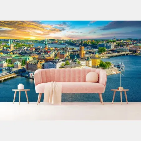 Fotomural panorámica costera de Estocolmo al atardecer – Pixers®
