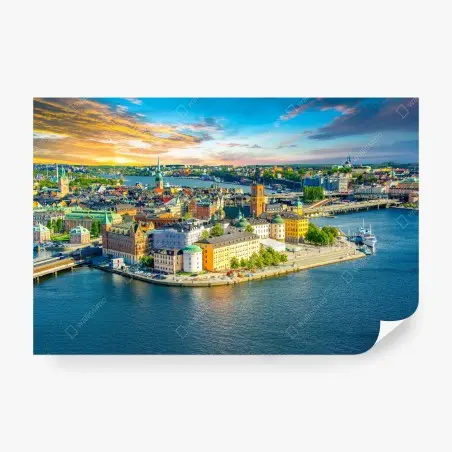 Fotomural panorámica costera de Estocolmo al atardecer – Pixers®