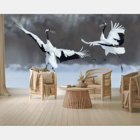 Fotomural grullas en danza en Hokkaido – Pixers®
