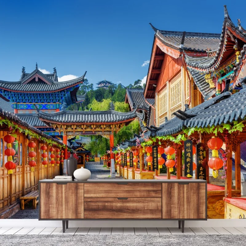Fotomural calle tradicional de Lijiang, China bajo linternas rojas