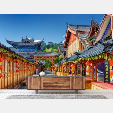 Fotomural calle tradicional de Lijiang, China bajo linternas rojas – Pixers®